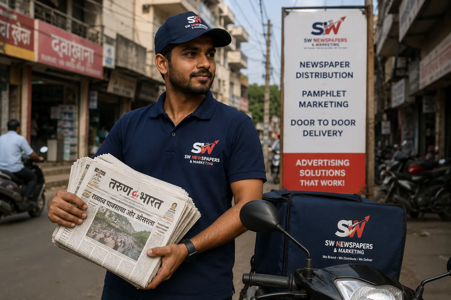 Newspaper delivery worker holding newspapers
